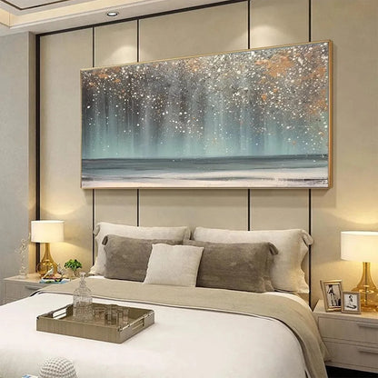 AURORA DUST: Textured Abstract Ocean Painting with Gold Accents | gold frame stretched on neutral wall