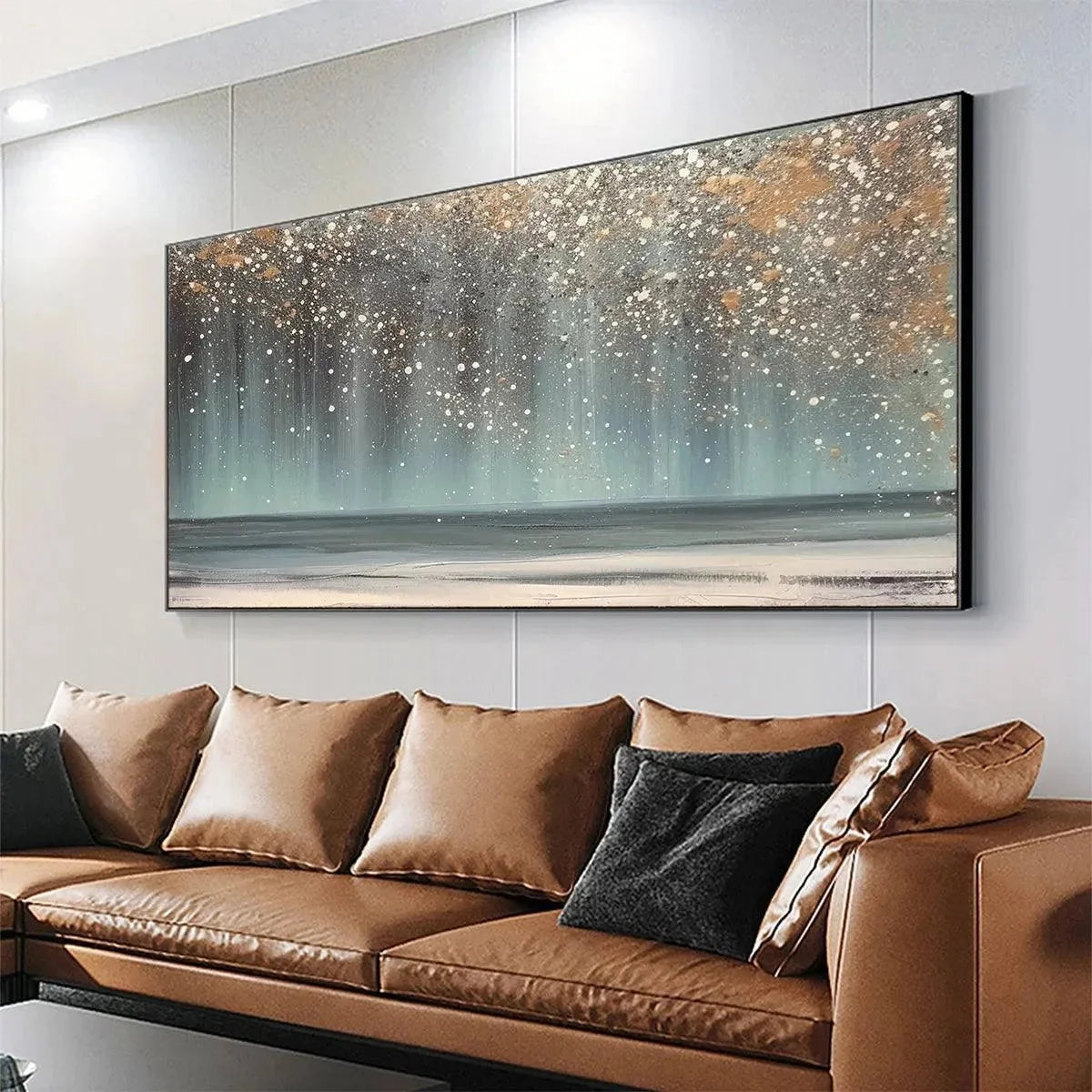 AURORA DUST: Textured Abstract Ocean Painting with Gold Accents | black frame version on white wall