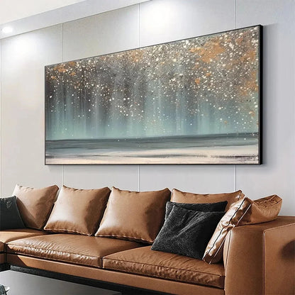 AURORA DUST: Textured Abstract Ocean Painting with Gold Accents | black frame version on white wall