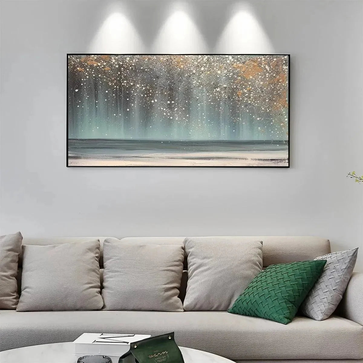 AURORA DUST: Textured Abstract Ocean Painting with Gold Accents | Abstract mood, soft natural light studio shot