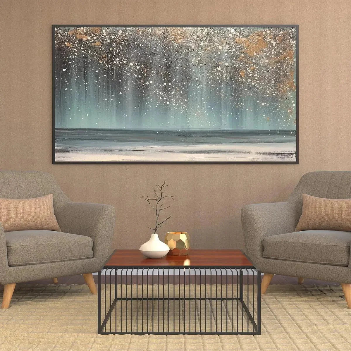 AURORA DUST: Textured Abstract Ocean Painting with Gold Accents | yellow palette, original Hand-painted on premium stretched canvas using artist-grade oils; rich layered surface combines smooth gra...