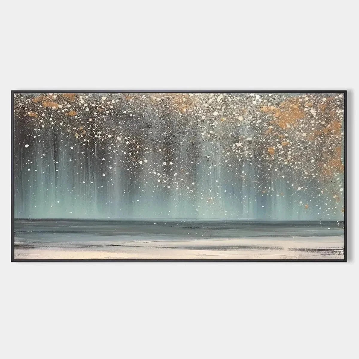 AURORA DUST: Textured Abstract Ocean Painting with Gold Accents | hanging in AURORA DUST: Textured Abstract Ocean Painting with Gold Accents featuring layered textured brushwork in refined tones; a...