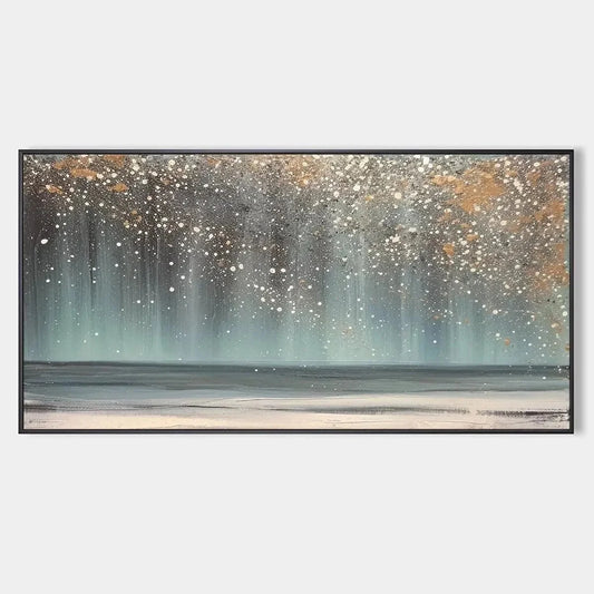 AURORA DUST: Textured Abstract Ocean Painting with Gold Accents | hanging in AURORA DUST: Textured Abstract Ocean Painting with Gold Accents featuring layered textured brushwork in refined tones; a...