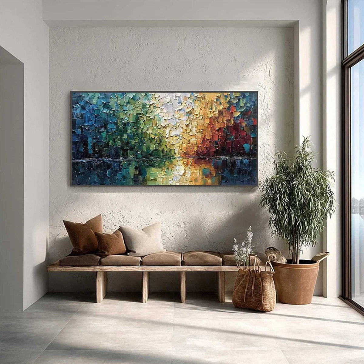AURORA'S REFLECTION: Heavily Textured Abstract Impasto Landscape Painting | gold frame stretched on neutral wall