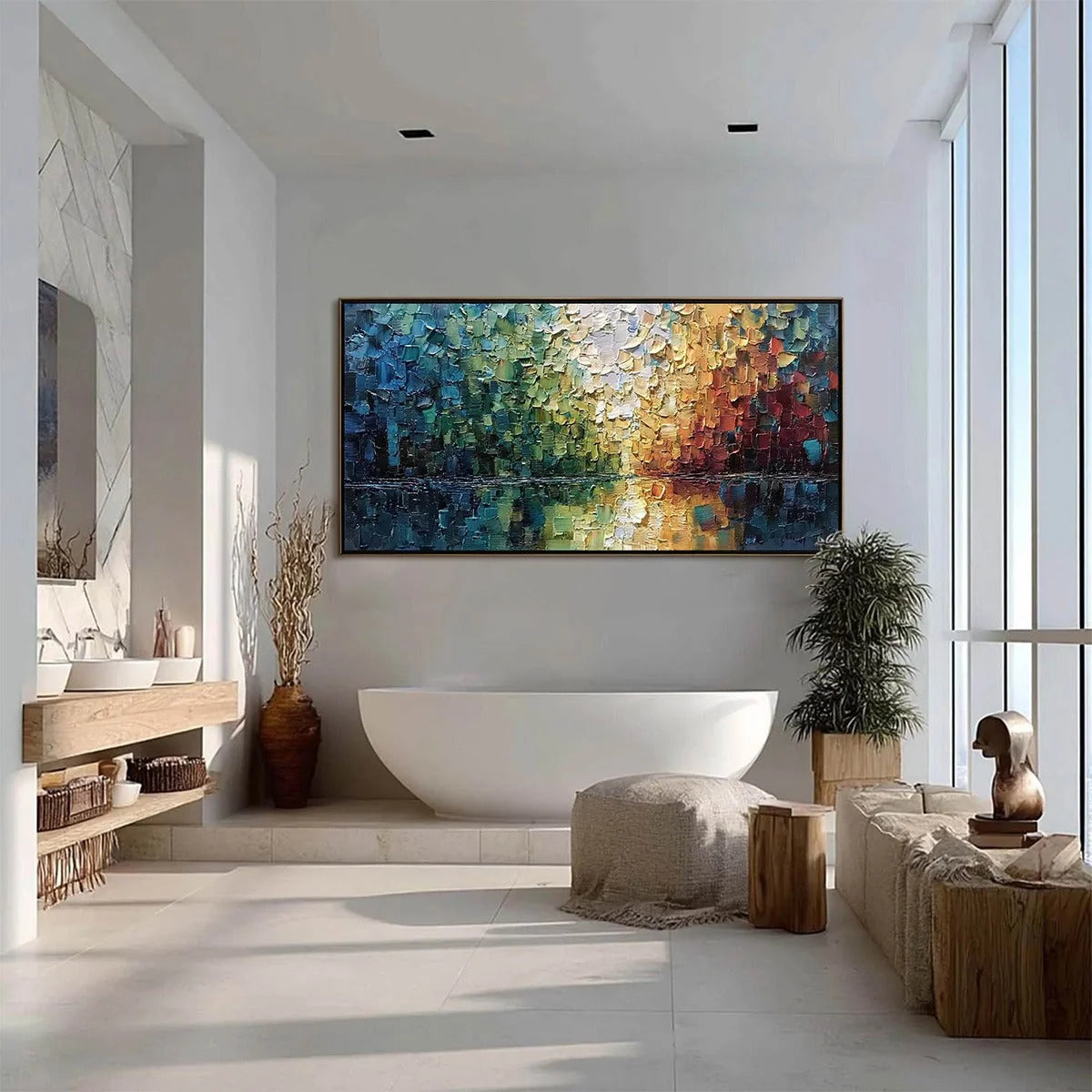 AURORA'S REFLECTION: Heavily Textured Abstract Impasto Landscape Painting | black frame version on white wall