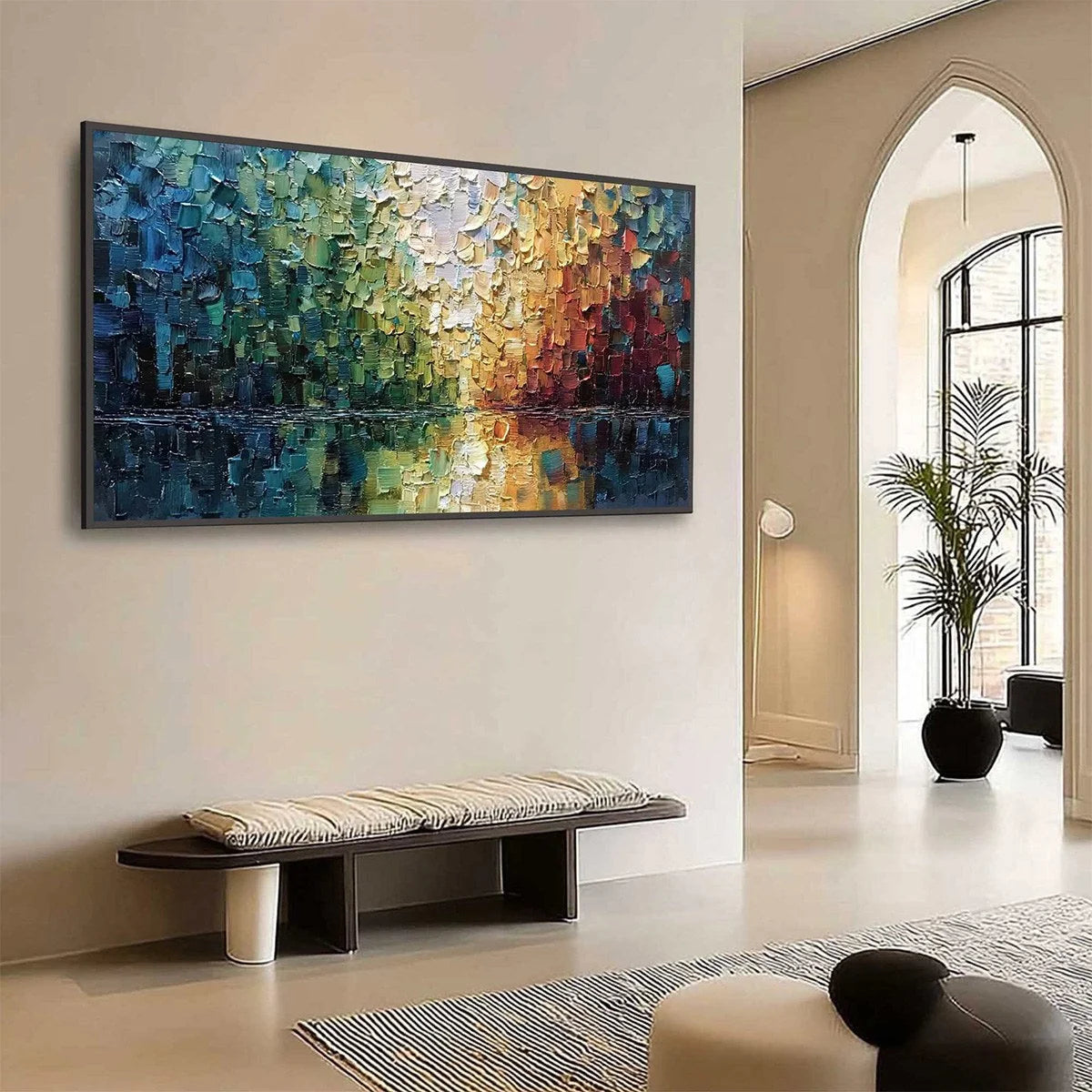 AURORA'S REFLECTION: Heavily Textured Abstract Impasto Landscape Painting | impasto mood, soft natural light studio shot