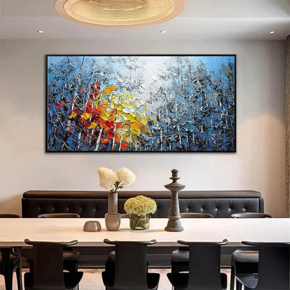 AUTUMN ASPEN: Textured Colorful Forest Landscape Impasto Painting | gold frame stretched on neutral wall