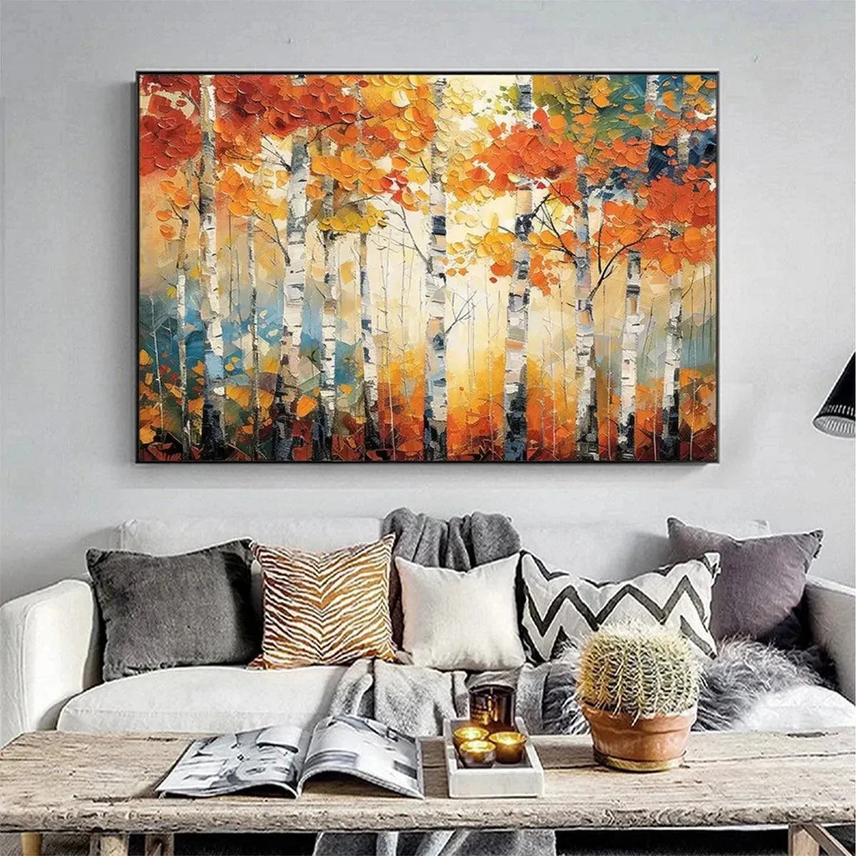 AUTUMN ASPEN: Textured Forest Painting, Impasto Wall Art, Horizontal Canvas, Fall Decor | impasto closeup, raised brushwork detail