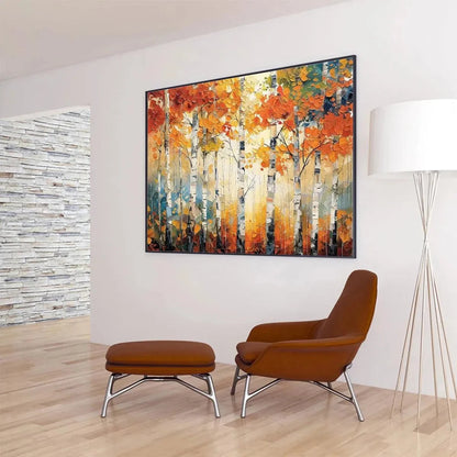 AUTUMN ASPEN: Textured Forest Painting, Impasto Wall Art, Horizontal Canvas, Fall Decor | gold frame stretched on neutral wall