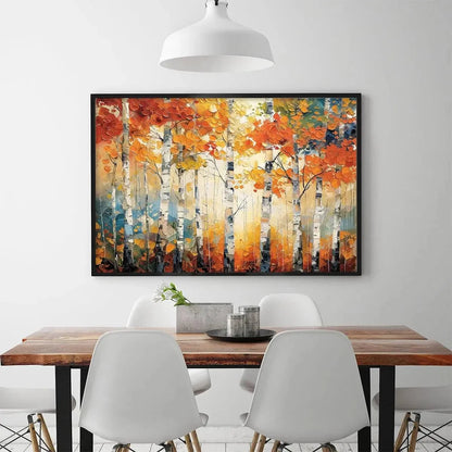 AUTUMN ASPEN: Textured Forest Painting, Impasto Wall Art, Horizontal Canvas, Fall Decor | black frame version on white wall