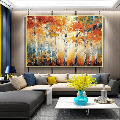 AUTUMN ASPEN: Textured Forest Painting, Impasto Wall Art, Horizontal Canvas, Fall Decor | impasto mood, soft natural light studio shot