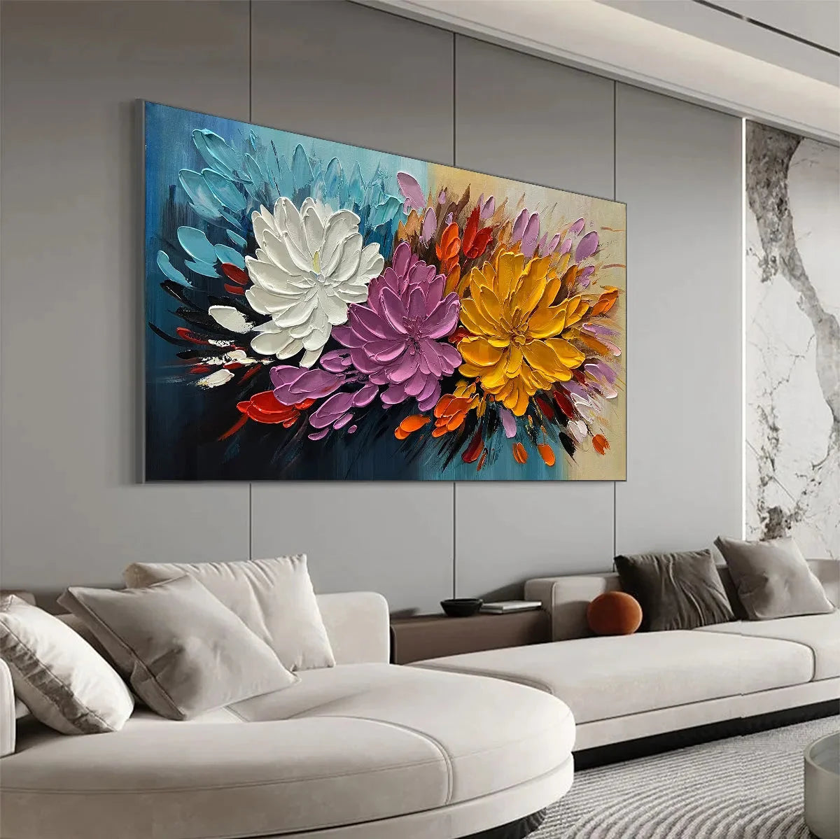 AUTUMN BOUQUET: Textured Floral Painting, Impasto Flowers, Colorful, Living Room, Dining Room | gold frame stretched on neutral wall
