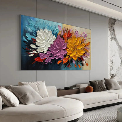 AUTUMN BOUQUET: Textured Floral Painting, Impasto Flowers, Colorful, Living Room, Dining Room | gold frame stretched on neutral wall