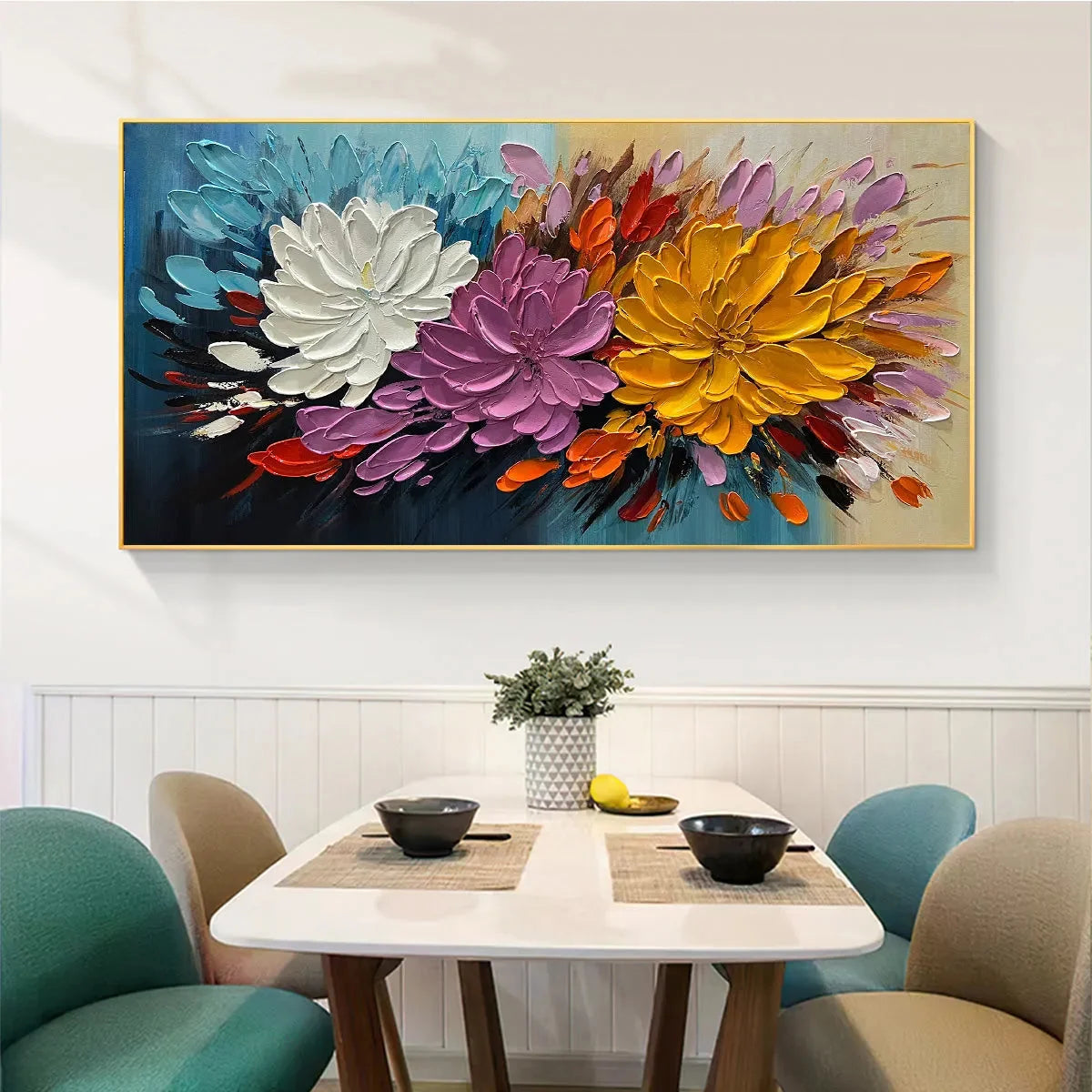 AUTUMN BOUQUET: Textured Floral Painting, Impasto Flowers, Colorful, Living Room, Dining Room | black frame version on white wall