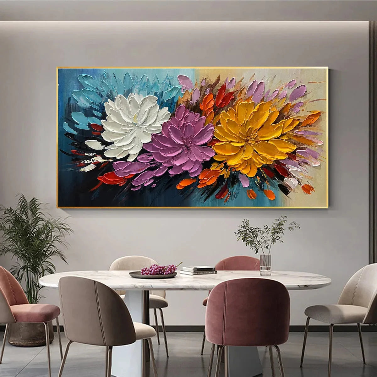 AUTUMN BOUQUET: Textured Floral Painting, Impasto Flowers, Colorful, Living Room, Dining Room | beige palette, original Hand-painted on premium stretched canvas using artist-grade oils; rich layere...