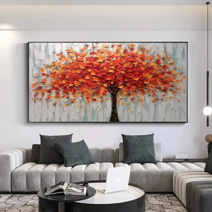 AUTUMN FIRE: Textured Impasto Painting of a Tree in Orange and Red | impasto closeup, raised brushwork detail