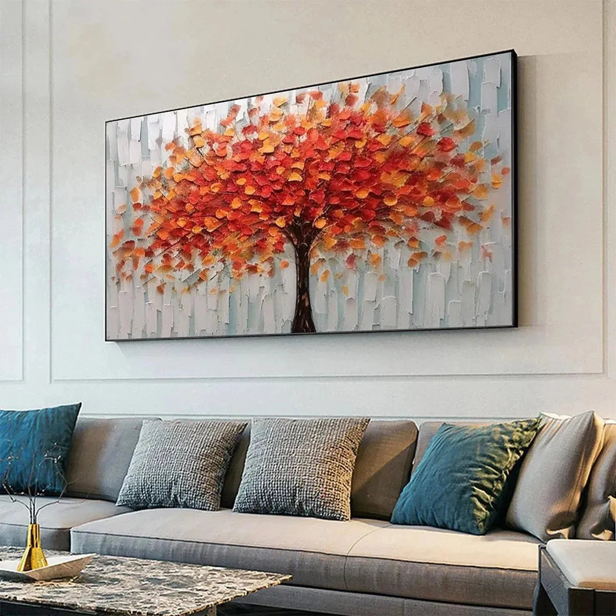 AUTUMN FIRE: Textured Impasto Painting of a Tree in Orange and Red | gold frame stretched on neutral wall