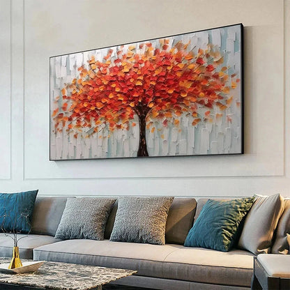 AUTUMN FIRE: Textured Impasto Painting of a Tree in Orange and Red | gold frame stretched on neutral wall