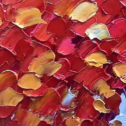 AUTUMN FIRE: Textured Impasto Painting of a Tree in Orange and Red | black frame version on white wall