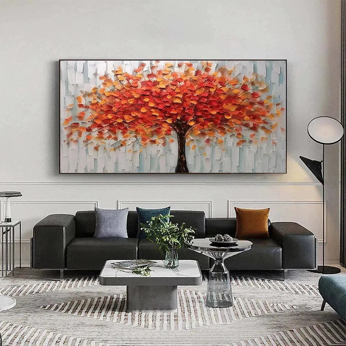 AUTUMN FIRE: Textured Impasto Painting of a Tree in Orange and Red | impasto mood, soft natural light studio shot