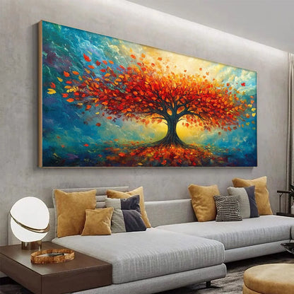 AUTUMN FIRE: Textured Landscape Oil Painting | gold frame stretched on neutral wall