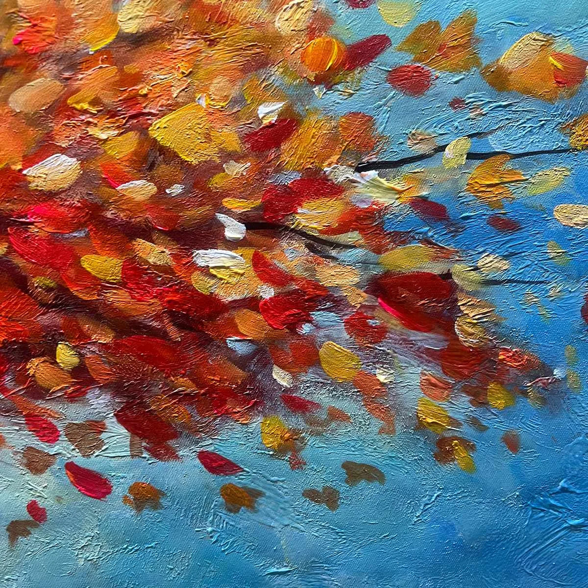 AUTUMN FIRE: Textured Landscape Oil Painting | black frame version on white wall