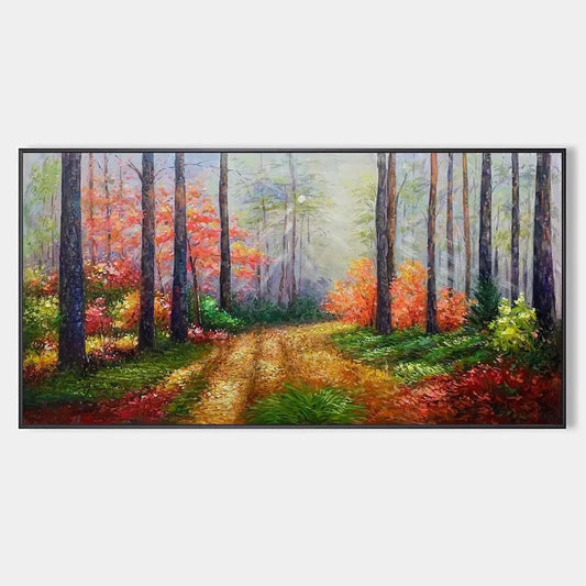 AUTUMN FOREST PATH: Panoramic Forest Landscape Painting, Autumn Colors Wall Art, Nature Decor, Canvas Artwork | hanging in living room, textured wall art