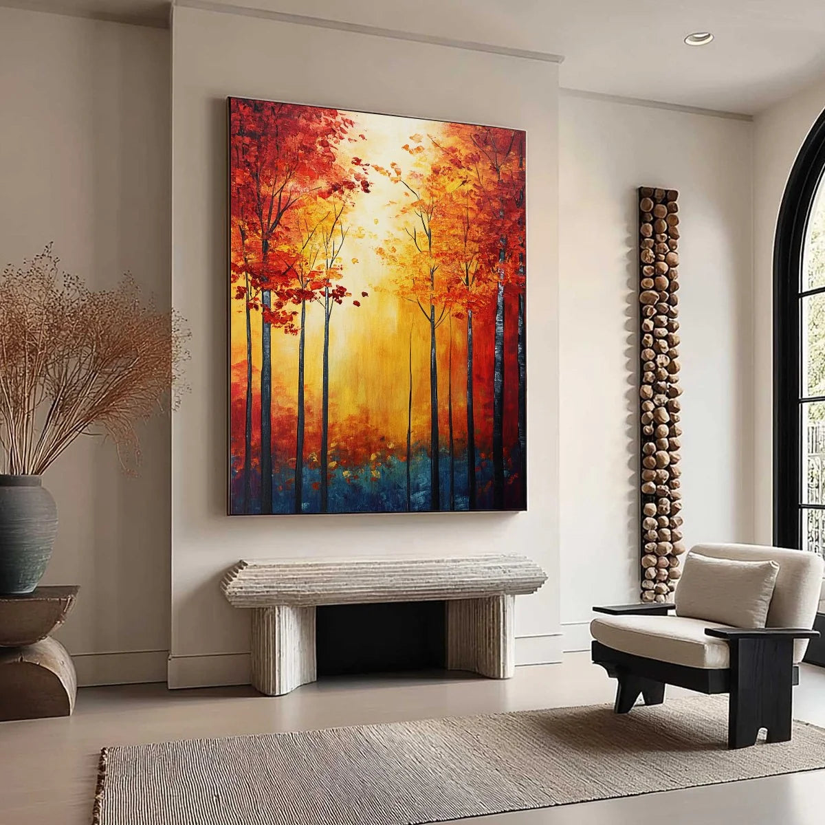 AUTUMN GLOW: Textured Abstract Forest Oil Painting | gold frame stretched on neutral wall