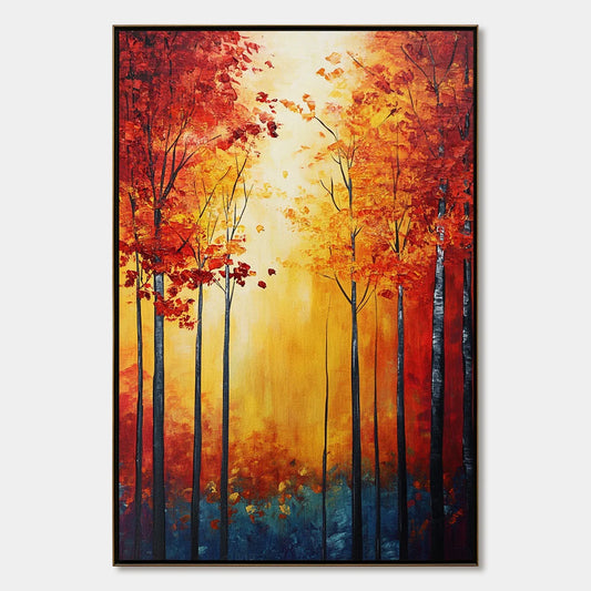 AUTUMN GLOW: Textured Abstract Forest Oil Painting | hanging in living room, textured wall art