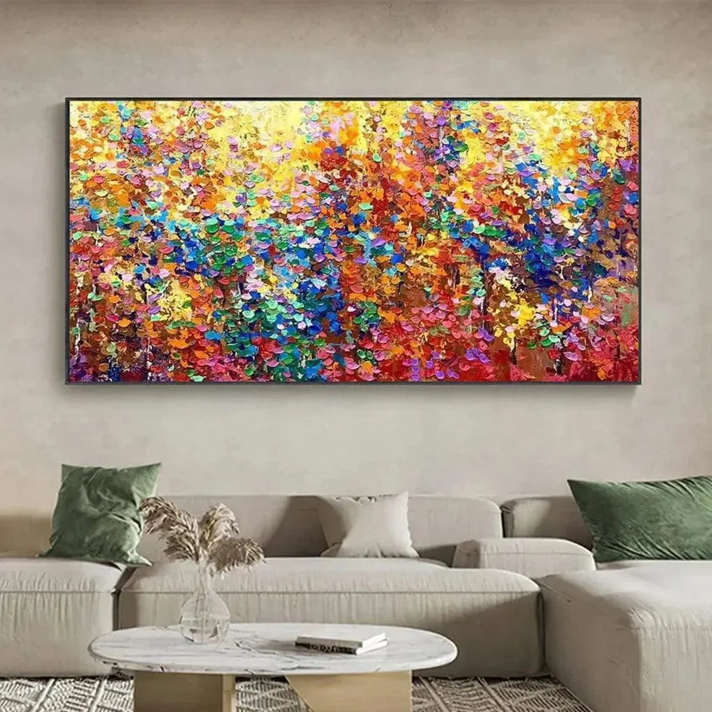 AUTUMN GLOW: Textured Abstract Landscape Painting in Vibrant Autumn Colors | gold frame stretched on neutral wall