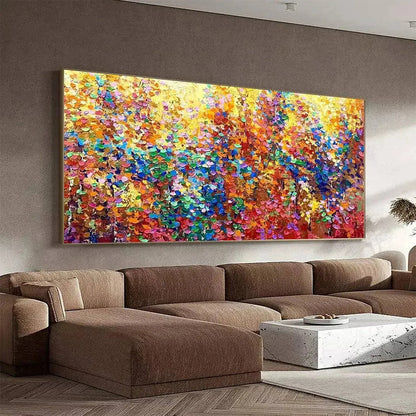 AUTUMN GLOW: Textured Abstract Landscape Painting in Vibrant Autumn Colors | black frame version on white wall