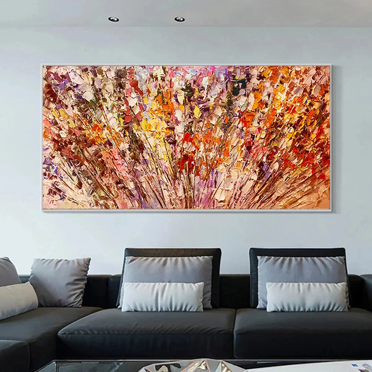 AUTUMN HARVEST: Impasto Floral Oil Painting in Warm Autumn Hues | gold frame stretched on neutral wall