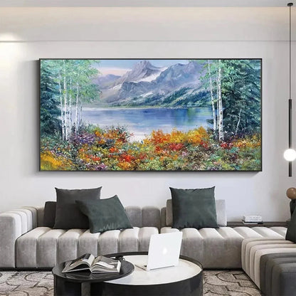 AUTUMN LAKE: Panoramic Autumn Landscape Painting with Lake and Mountains | textured closeup, raised brushwork detail