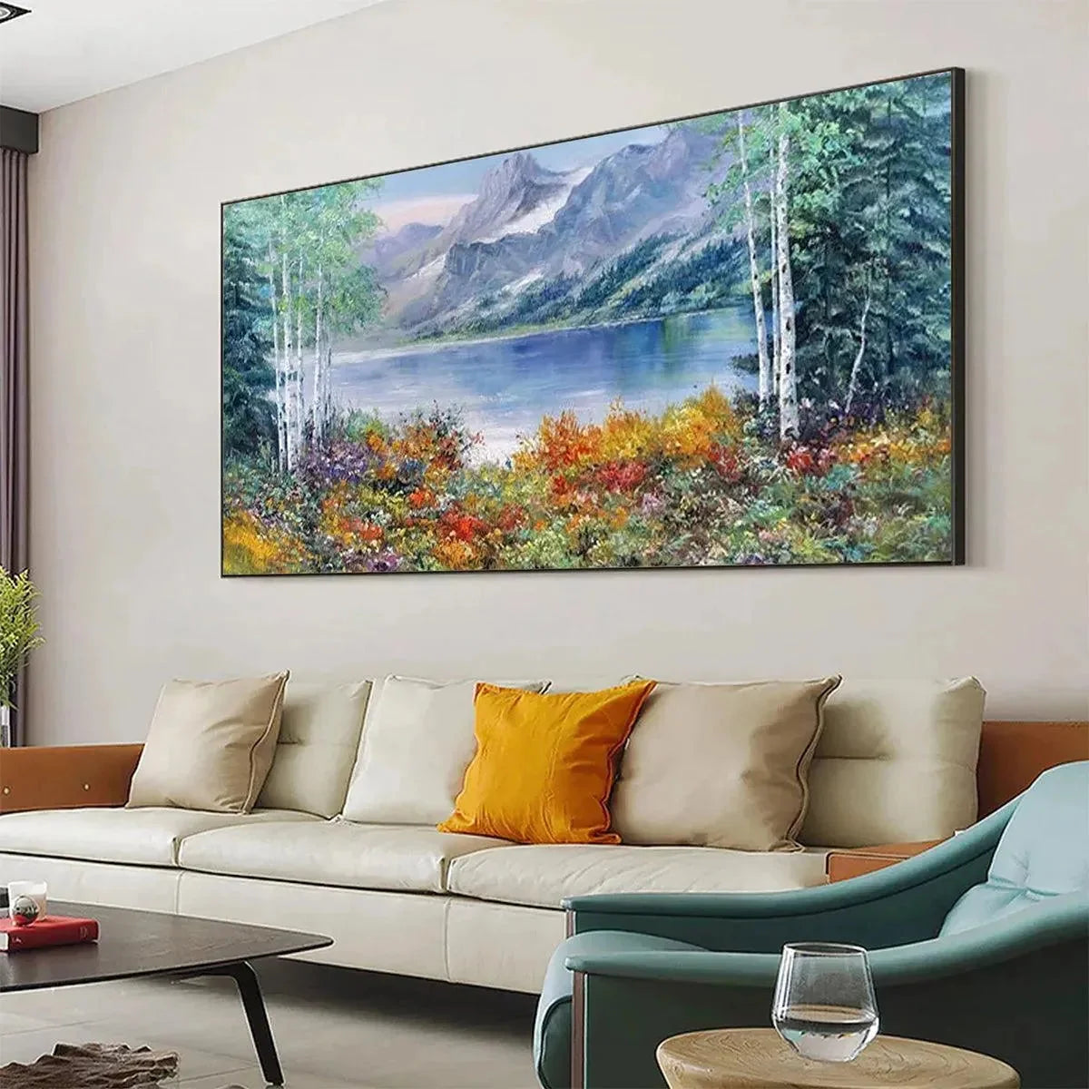 AUTUMN LAKE: Panoramic Autumn Landscape Painting with Lake and Mountains | gold frame stretched on neutral wall