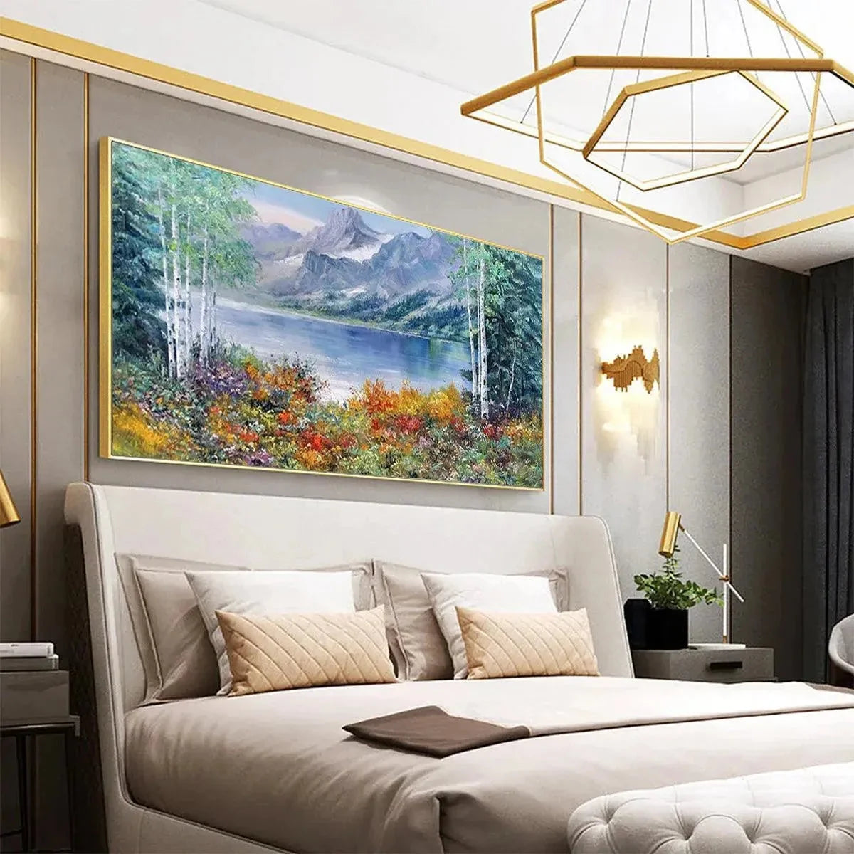 AUTUMN LAKE: Panoramic Autumn Landscape Painting with Lake and Mountains | rolled canvas, ready for custom framing