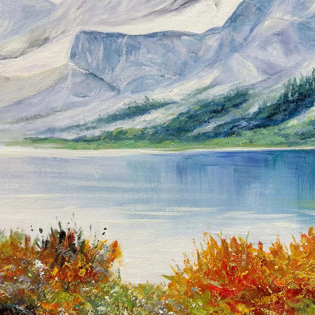 AUTUMN LAKE: Panoramic Autumn Landscape Painting with Lake and Mountains | black frame version on white wall