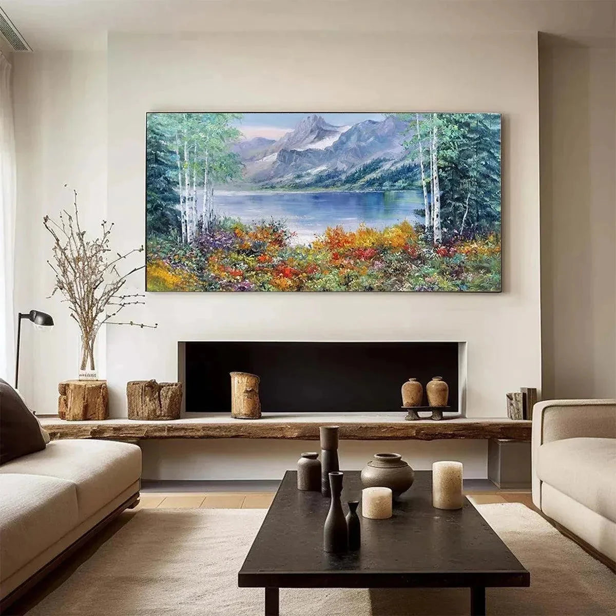 AUTUMN LAKE: Panoramic Autumn Landscape Painting with Lake and Mountains | textured mood, soft natural light studio shot