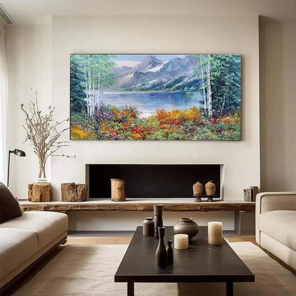 AUTUMN LAKE: Panoramic Autumn Landscape Painting with Lake and Mountains | textured mood, soft natural light studio shot