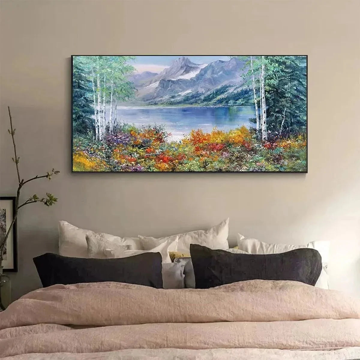 AUTUMN LAKE: Panoramic Autumn Landscape Painting with Lake and Mountains | multi palette, original dining room art