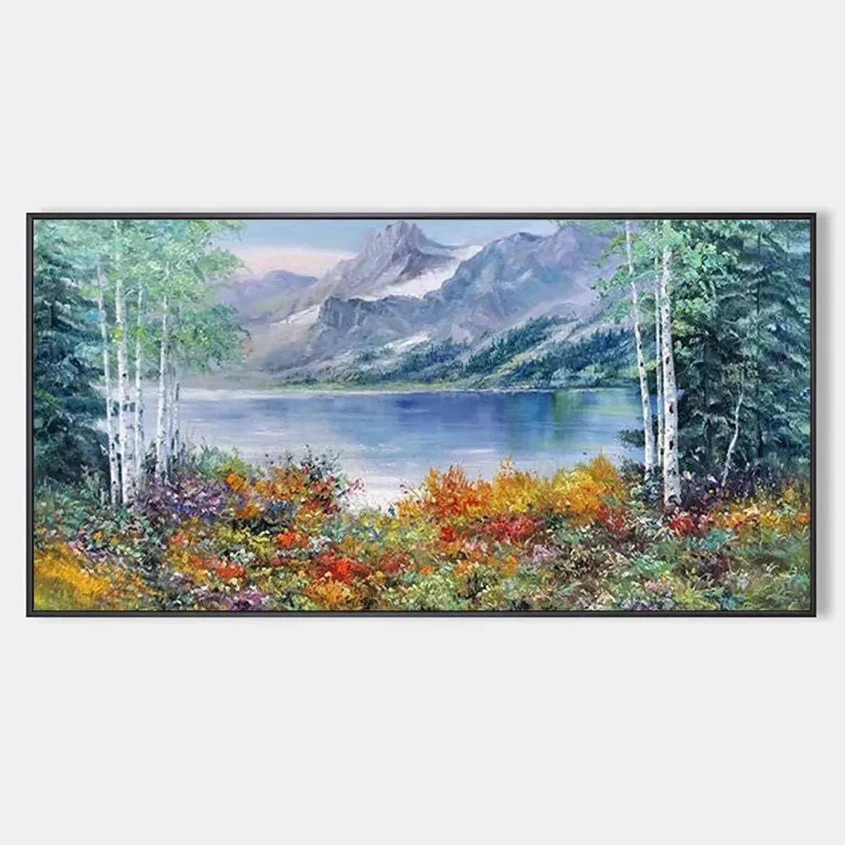 AUTUMN LAKE: Panoramic Autumn Landscape Painting with Lake and Mountains | hanging in living room, textured wall art