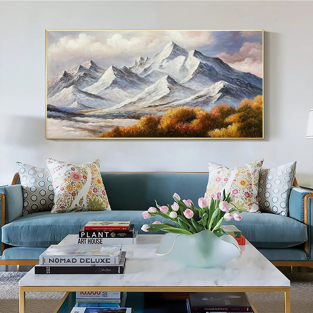 AUTUMN MAJESTY: Panoramic Mountain Landscape Oil Painting with Autumn Foliage | textured closeup, raised brushwork detail