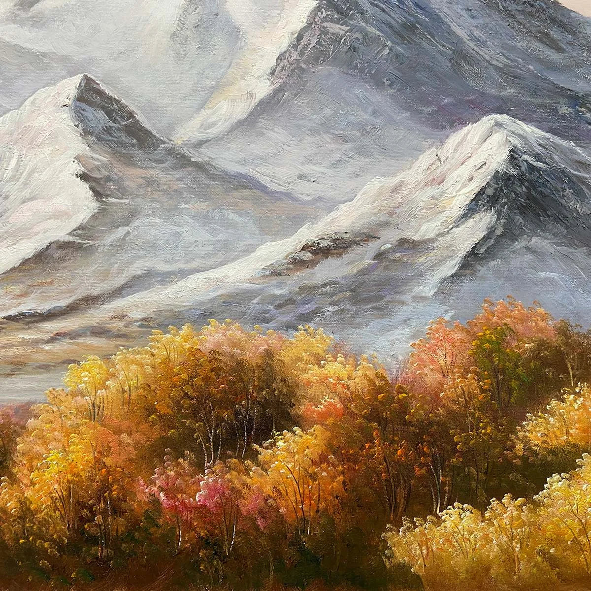 AUTUMN MAJESTY: Panoramic Mountain Landscape Oil Painting with Autumn Foliage | rectangular format, hand-painted canvas edge