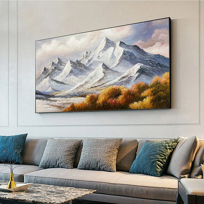 AUTUMN MAJESTY: Panoramic Mountain Landscape Oil Painting with Autumn Foliage | gold frame stretched on neutral wall