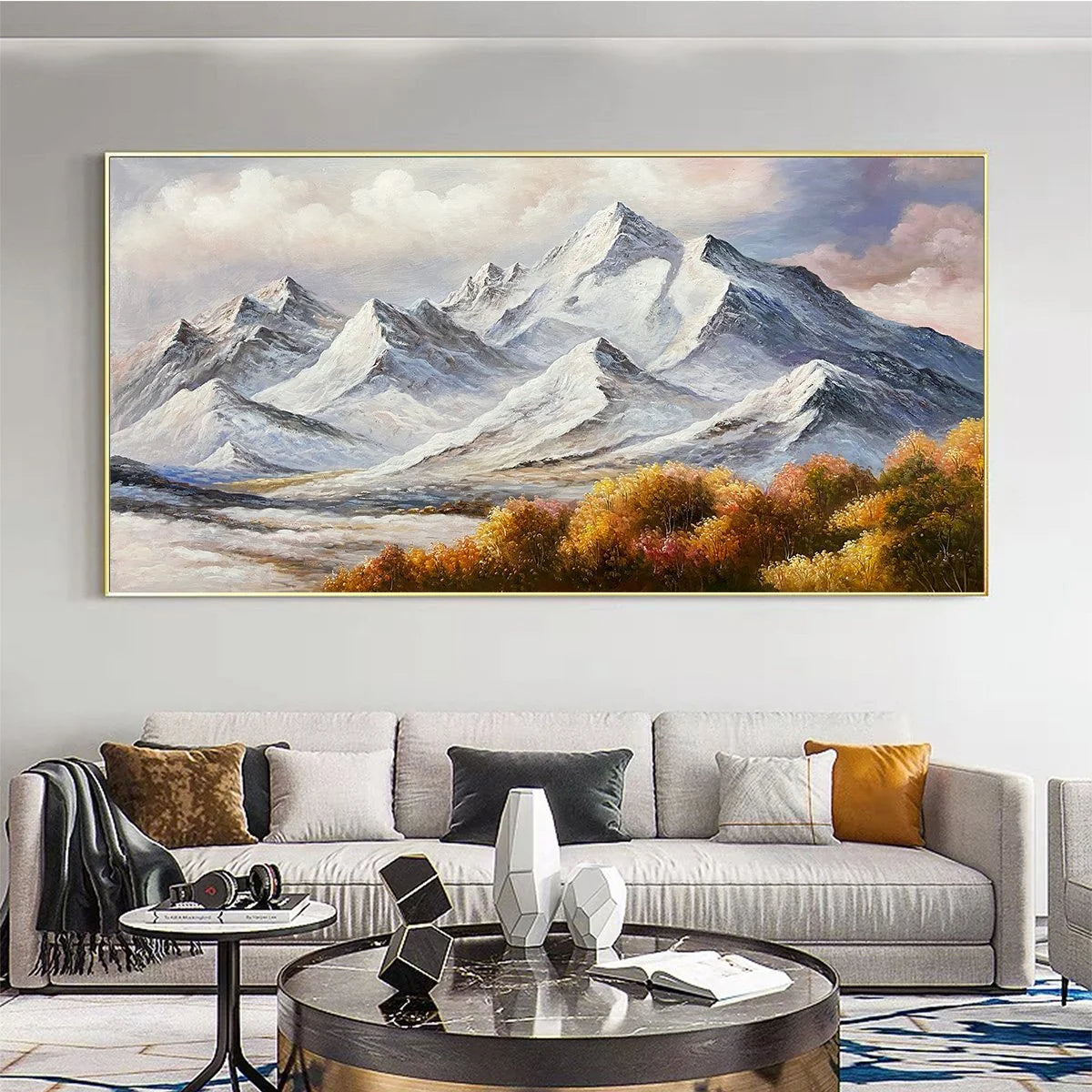 AUTUMN MAJESTY: Panoramic Mountain Landscape Oil Painting with Autumn Foliage | black frame version on white wall