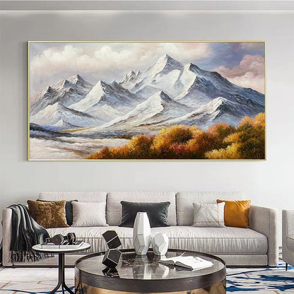 AUTUMN MAJESTY: Panoramic Mountain Landscape Oil Painting with Autumn Foliage | black frame version on white wall