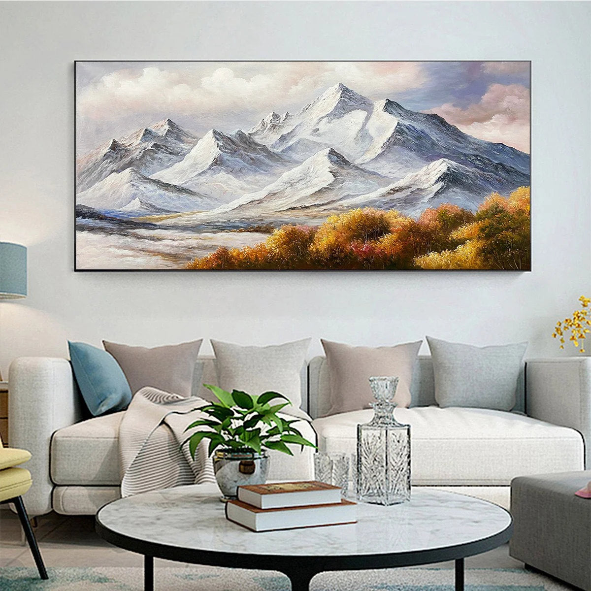 AUTUMN MAJESTY: Panoramic Mountain Landscape Oil Painting with Autumn Foliage | textured mood, soft natural light studio shot