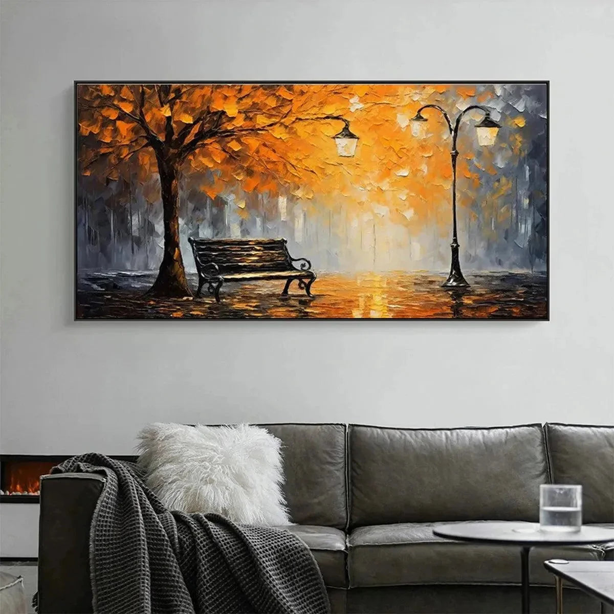 AUTUMN PARK BENCH: Impressionistic Park Painting in Orange and Grey | impressionist closeup, raised brushwork detail