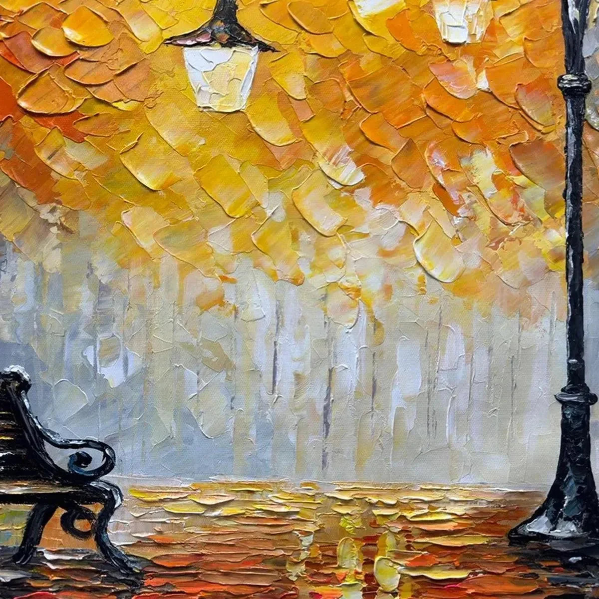 AUTUMN PARK BENCH: Impressionistic Park Painting in Orange and Grey | rectangular format, hand-painted canvas edge