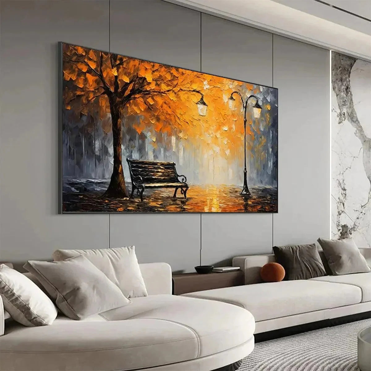 AUTUMN PARK BENCH: Impressionistic Park Painting in Orange and Grey | gold frame stretched on neutral wall