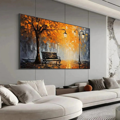 AUTUMN PARK BENCH: Impressionistic Park Painting in Orange and Grey | gold frame stretched on neutral wall
